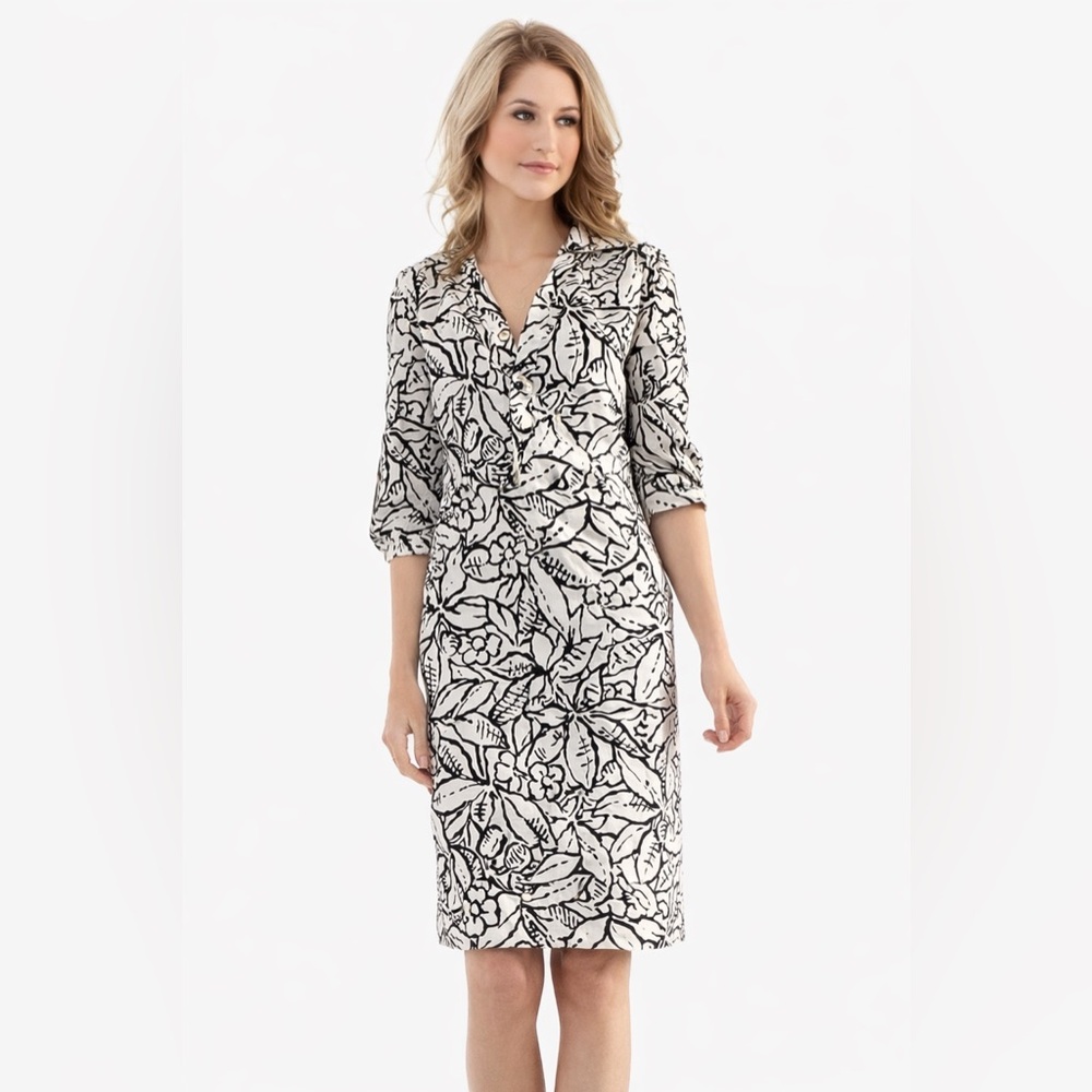 Collared Floral Foliage Print 3/4 Sleeve Mini Dress XXS